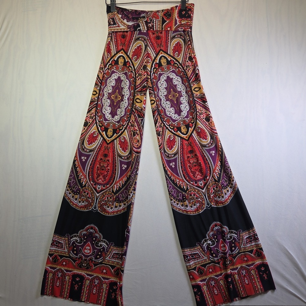 Casual Land Palazzo Pants M Fold Over Waist Boho Paisley Wide Leg Stretch Raw He
